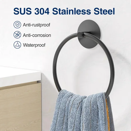 Vista 4 de Anillo para Toallas de Baño Negro Mate - Toallero de Baño de Acero Inoxidable SUS304, Susswiff Soporte Adhesivo para Toallas de Mano Montado