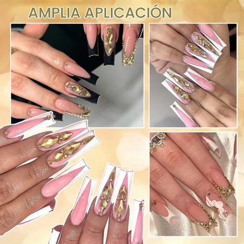 Vista 6 de 3520 diamantes de imitación de uñas color dorado champán para uñas, multiformas con parte trasera plana, diamantes de imitación redondos
