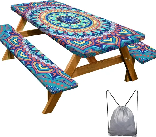 Vista 8 de Mantel de mesa de picnic con fundas de banco de 6 pies, 3 piezas, impermeable, resistente al viento, mantel de camping estético con bolsa