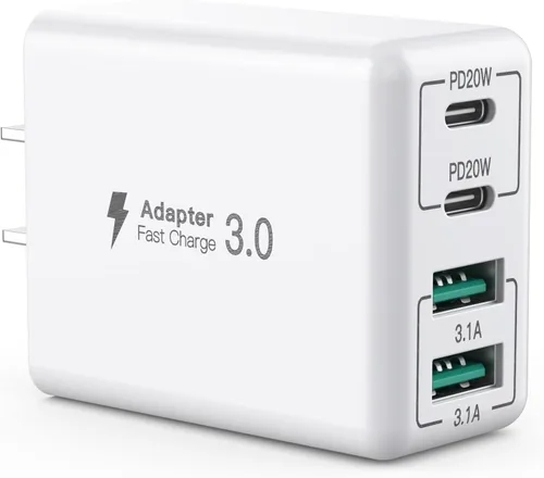 Vista 7 de Cargador de pared USB C, bloque cargador USB C de 4 puertos de 40W, bloque de carga rápida puerto dual PD+QC enchufe de pared multipuerto tipo C