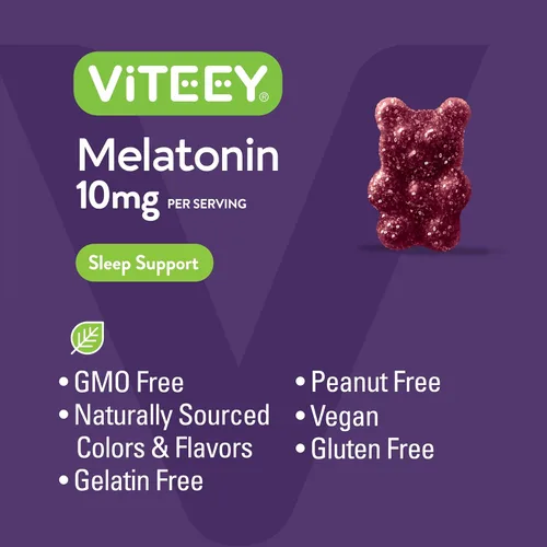 Vista 5 de Viteey Gomitas de melatonina de 10 mg – Gomitas para dormir para adultos, melatonina extra fuerte, veganas, sin OMG, sin gluten, 60