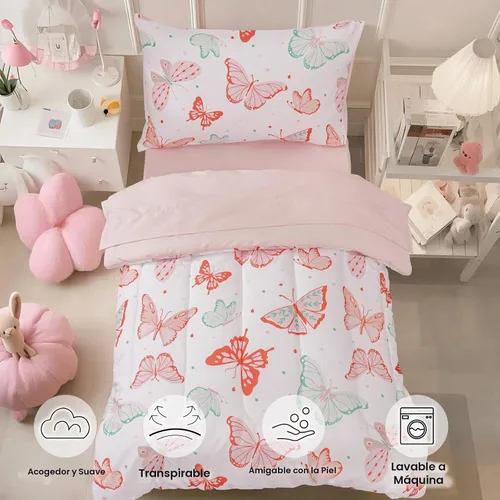 Vista 3 de david's kids Juego de ropa de cama de 4 piezas para niños pequeños - Juego de ropa de cama suave y transpirable para niñas, incluye edredón Mariposa