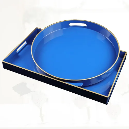 Vista 6 de Bandeja decorativa redonda azul con asas, bandeja de servir elegante de 13" para mesa de café, estilo otomano para sala de estar, baño, exteriores