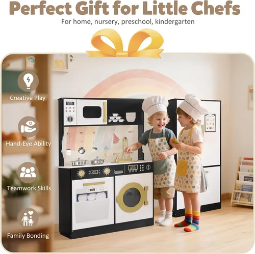 Vista 5 de TODEFULL Juegos de cocina para niños, juego de cocina de madera para niños, cocina de juguete interactiva con congelador, lavadora, máquina de hielo