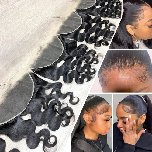 Vista 2 de 13x4 Frontal de encaje ondulado del cuerpo, frontal de encaje suizo transparente HD invisible prearrancado con cabello de nacimiento de grado 12A
