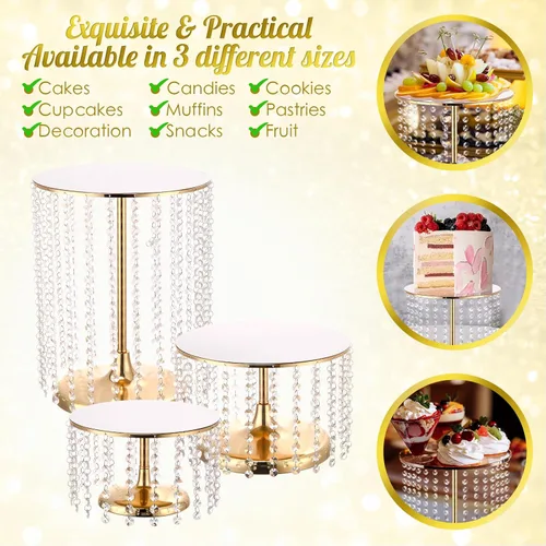 Vista 7 de Juego de 6 soportes de metal para tartas con colgante de cristal, plato redondo para exhibición de postres, pedestal para bodas, fiestas