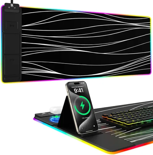 Vista 12 de Alfombrilla de ratón de carga inalámbrica, 31.5"x11.81" alfombrilla de ratón XL para juegos con 11 colores RGB y 5 modos de iluminación, alfombrilla