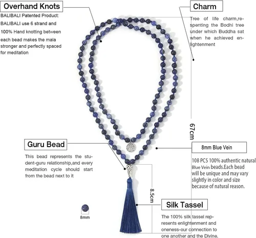 Vista 2 de 108 cuentas de Mala piedras semipreciosas Japa Mala cuentas borla collar con colgante de árbol de la vida