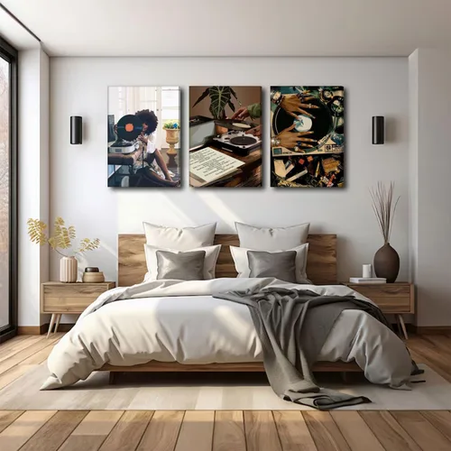 Vista 5 de Lienzo enmarcado de niña negra, 3 unidades, diseño de niña negra, música de discos, decoración de pared, cuadros de niña negra funky, pósteres