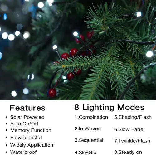 Vista 3 de Joomer Luces solares de Navidad para exteriores, paquete de 2 unidades en total de 144 pies, 400 LED, 8 modos, impermeables, luces solares de Blanco