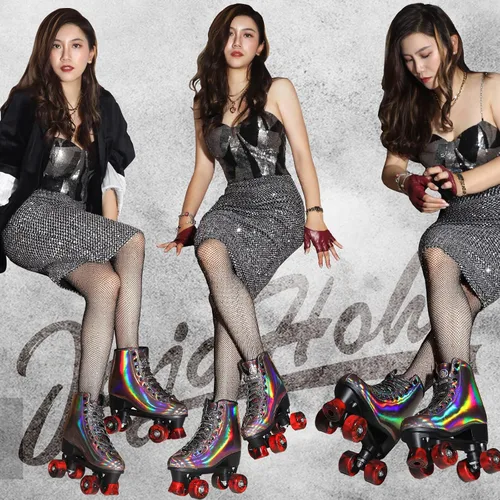 Vista 4 de JajaHoho Patines de ruedas para mujer, de cuero PU holográfico negro de alta calidad, patines de doble fila brillantes con cuatro ruedas para niñas