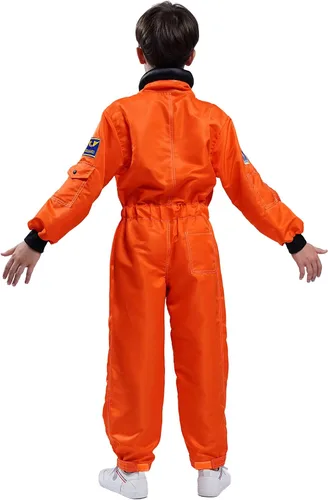 Vista 5 de Maxim Party Supplies Disfraz de astronauta para niños, traje espacial con parches bordados y bolsillos para niños, niños pequeños (23, naranja)