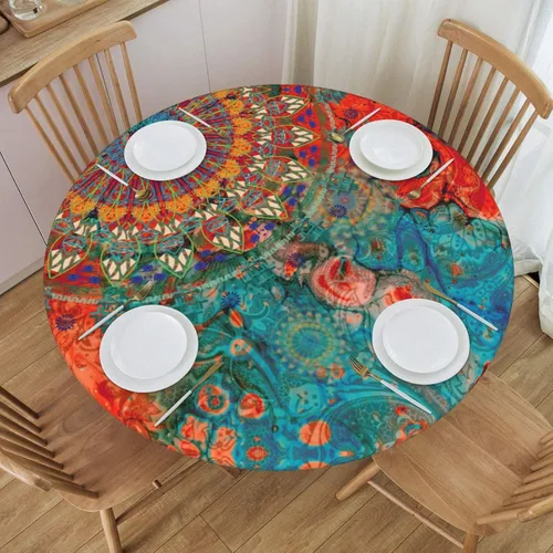 Vista 9 de Mantel elástico redondo con borde de hojas verdes salvia, ajustable para mesa de 45 a 50 pulgadas de diámetro