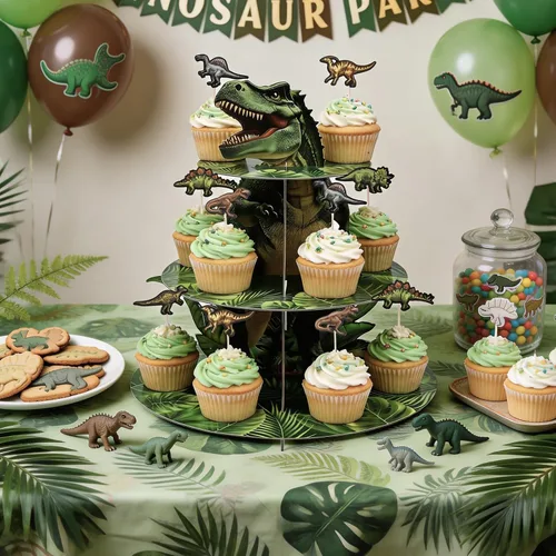 Vista 4 de BEISHIDA Soporte para cupcakes de dinosaurio de 3 niveles, decoración de fiesta, temática de dinosaurio, soporte para cupcakes, 12 piezas