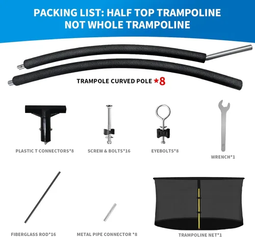 Vista 2 de 8 postes curvos para cama elástica de 14 pies con red de recinto Safety enclosure net and 8 curved poles, plastic T connectors, fiberglass rods