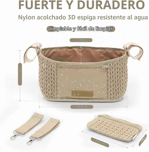 Vista 4 de Organizador de cochecito - Elegante nailon acolchado en espiga 3D, ajuste universal, bolsa desmontable, almacenamiento múltiple ajustable para Beige