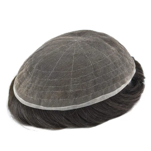 Vista 6 de Sistema de cabello para hombre, encaje francés suave, pieza de cabello humano real, nudos blanqueados, cabello frontal, tupé para hombres