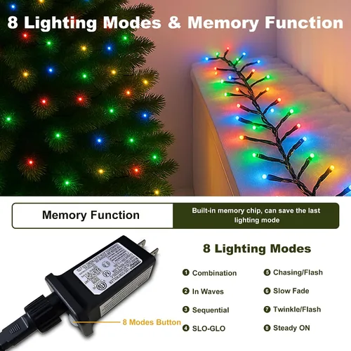 Vista 3 de Paquete de 2 tiras de luces de Navidad conectables, multicolor, 210 pies, 600 luces LED de Navidad para exteriores/interiores, luces de árbol