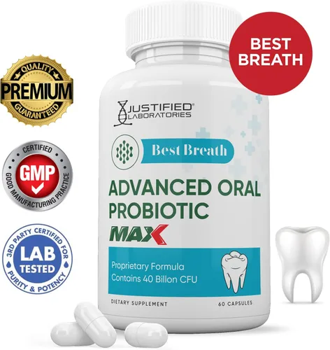 Vista 2 de Justified Laboratories Best Breath Max 40 mil millones de UFC Probiótico Apoyo Oral 60 Cápsulas