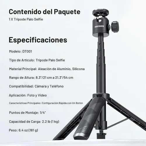Vista 9 de NEEWER Basics - Trípode extensible para selfie, mango de metal portátil compatible con Canon G7X Mark III Sony ZV-1 RX100 VII A6400 A6600 Nikon