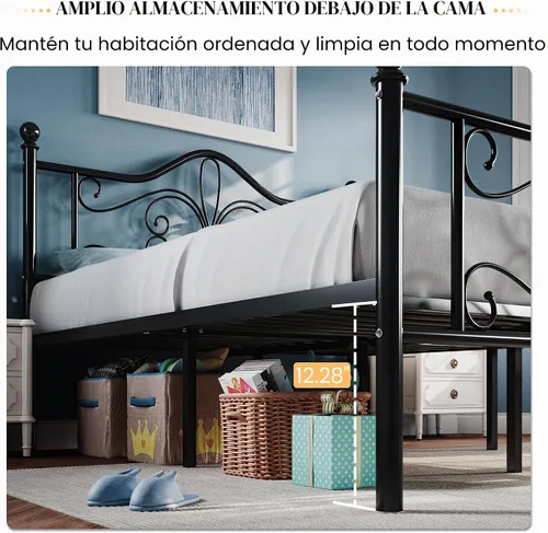 Vista 5 de SHA CERLIN Estructura de cama de tamaño individual para niños, estructura de cama de metal con cabecero y pie de cama con diseño de patrón de Negro