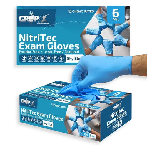 Vista 8 de London Labs Guantes de nitrilo azules resistentes de 6 mil desechables, libres de látex y polvo, extra elásticos, seguros para fentanilo Guantes