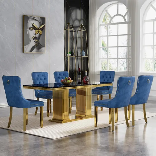 Vista 42 de Juego de mesa de comedor de 5 piezas para 4, mesa de cocina de mármol negro de 68 pulgadas con 4 sillas beige, mesa de comedor rectangular moderna