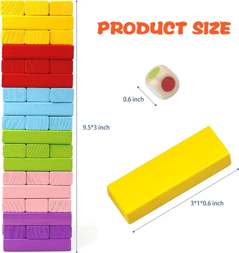 Vista 12 de Gentle Monster Juegos de mesa apilables coloridos de madera, bloques de construcción para niños y niñas, 54 bloques de equilibrio de madera, juguete
