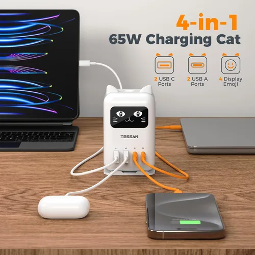 Vista 2 de Cargador de bloque USB C PD 65W, estación de carga TESSAN para múltiples dispositivos, cargador de torre de escritorio con 4 puertos USB para iPhone
