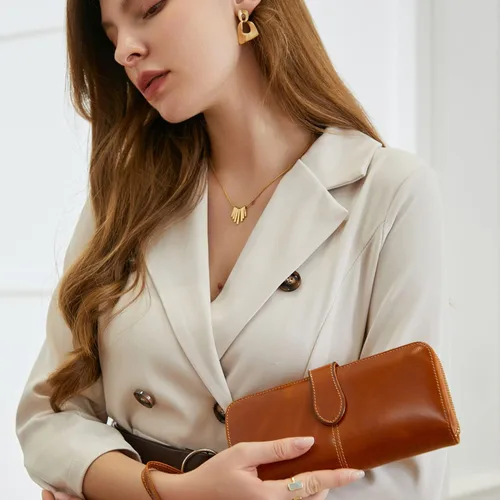 Vista 3 de HESHE Cartera de cuero para mujer, tarjetero de gran capacidad, con cremallera alrededor de la cartera plegable