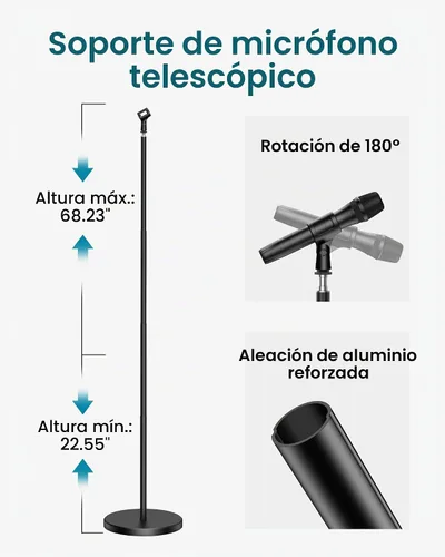 Vista 6 de InnoGear Soporte de micrófono telescópico, altura ajustable de 22 a 68 pulgadas, soporte de micrófono con base ponderada en el suelo, soporte