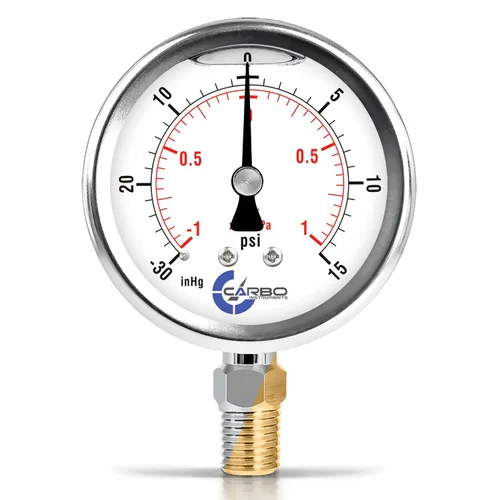Vista 21 de Medidor de presión de vacío lleno de líquido Carbo de 0 a -30 inHg con certificado rastreable NIST, calibrado en laboratorio de EE. UU., Dial de 2.5
