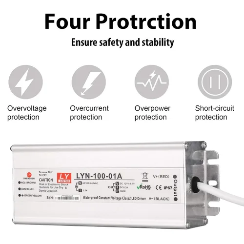 Vista 6 de Controlador LED de 100 vatios, 110 V CA a 12 V CC, salida de bajo voltaje, adaptador de transformador de bajo voltaje impermeable IP67 con enchufe