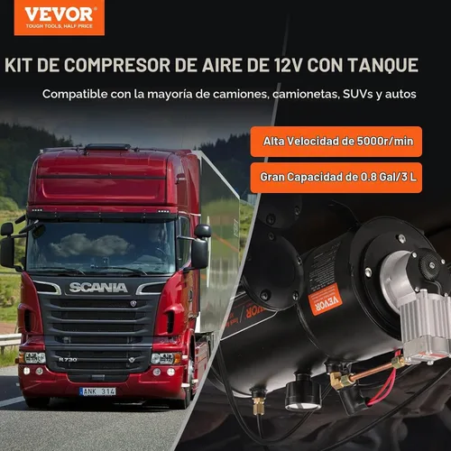 Vista 2 de VEVOR Compresor de aire de 12 V con tanque de 0.8 galones/3 L, compresor de aire de bocinas de tren, sistema de compresor de aire a bordo de 120 psi