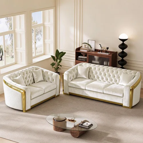 Vista 4 de DAMAIFROM Sofá Chesterfield moderno de mediados de siglo, sofá de terciopelo de 62" blanco y dorado, sofá biplaza curvo de lujo para sala de estar