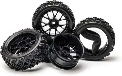 Vista 6 de Llantas de ruedas negras a escala 1:10, 4 unidades Split-type Tires, ABS Rims + Tires, 12mm Hex, Raised Tread Pattern, Shock Absorption