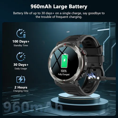 Vista 9 de IOWODO Reloj inteligente militar para hombre, batería de 100 días de duración, rastreador de actividad física con linterna LED / brújula, monitor