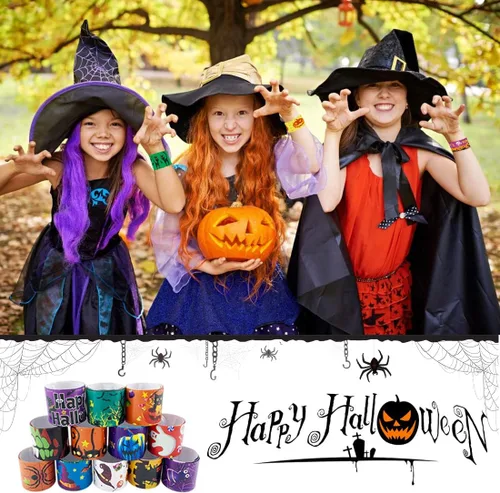 Vista 4 de SUNPROUND Pulsera de Halloween para niños, 100 piezas de pulseras a presión con diseño de araña, calabaza, fantasma, zombie, murciélago y brujas