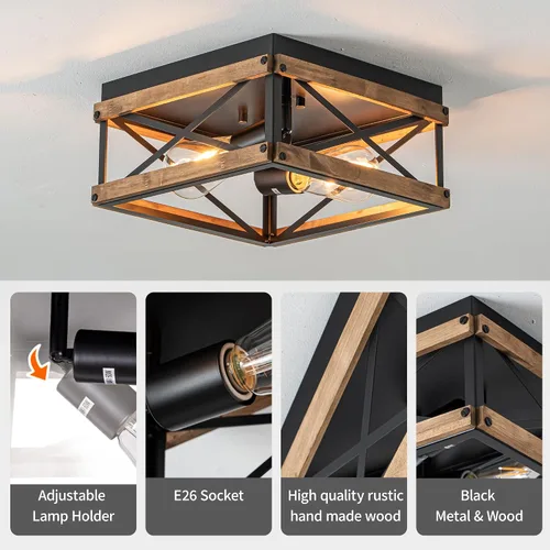Vista 6 de Lámpara de techo rústica de madera negra de 2 luces Lámparas de metal para pasillo, industriales cerca del techo, para cocina, entrada, vestíbulo