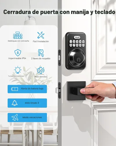 Vista 5 de Zowill - Juego de cerradura electrónica de puerta de entrada delantera sin llave con 2 manijas, con teclado, bloqueo automático, contraseña