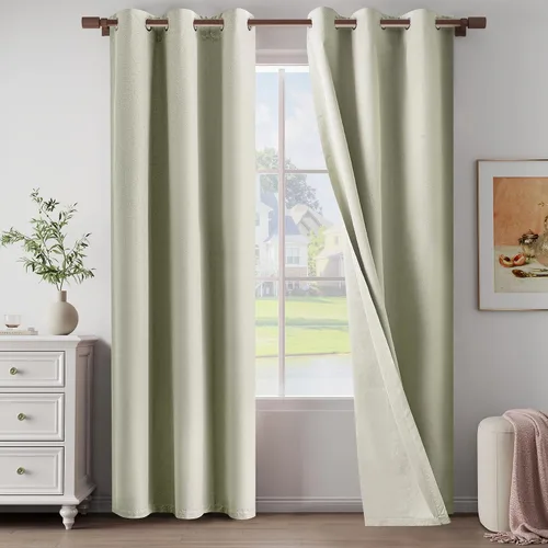 Vista 15 de Cortinas texturizadas de lino 100% opacas de 64 pulgadas de largo, juego de 2 paneles para granja, casa de campo, cortinas ligeras con ojales