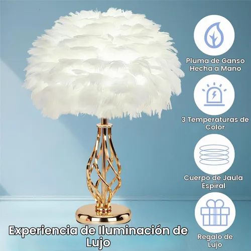 Vista 2 de Lámpara de Mesa de Pluma con Base de Jaula Espiral Dorada Única - Luz de 3 Temperaturas de Color, Perfecta para Mesita de Noche del Dormitorio