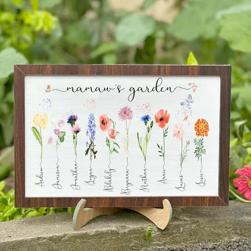 Vista 24 de Nazenti Letrero personalizado con marco de jardín de la abuela con nombres de nietos y flor de nacimiento para regalo del día de la madre, regalos