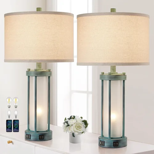 Vista 9 de Lámparas de mesa modernas para sala de estar, lámparas industriales de mesita con 2 puertos USB, lámpara rústica de mesita con luz nocturna