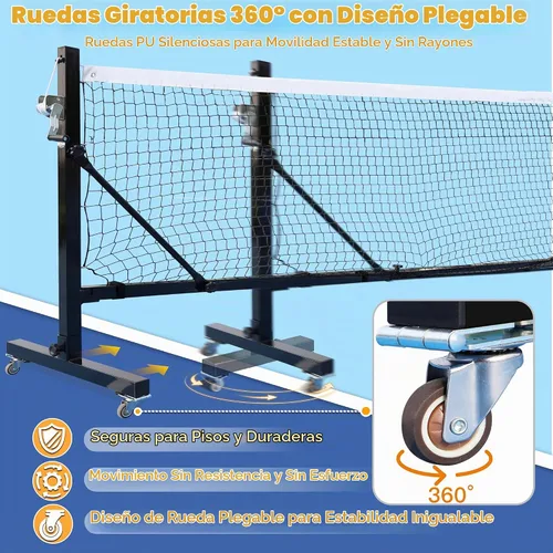 Vista 4 de Seliyoo Red de pickleball portátil con ruedas, torneo de 22 pies, cabrestante de mano galvanizado, poste resistente, juego de red de bolas de Negro