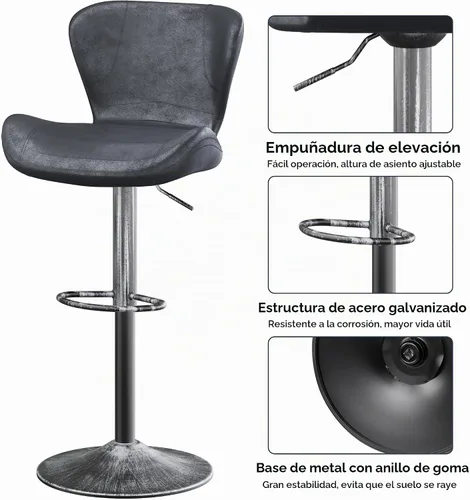 Vista 6 de Keyluv - Juego de 2 taburetes de bar giratorios ajustables de 360° con respaldo y marco de metal, sillas de bar modernas de piel sintética