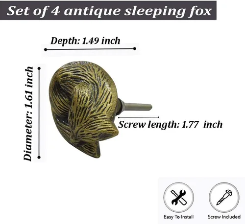 Vista 2 de Perilla Home Juego de 4 pomos antiguos – Zorro dormido decorativo – Asas de hierro artístico de diseñador – para tiradores de gabinete