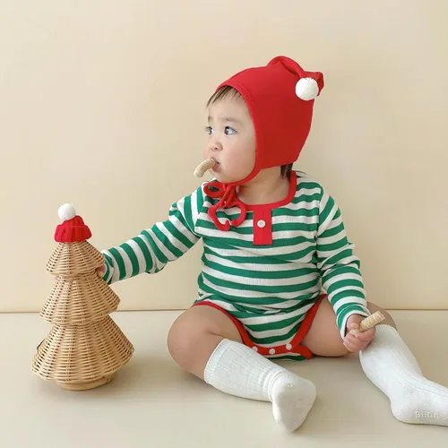 Vista 5 de Disfraz de elfo navideño para bebé de 0 a 18 meses, 100% algodón, incluye adorable sombrero de elfo y mameluco