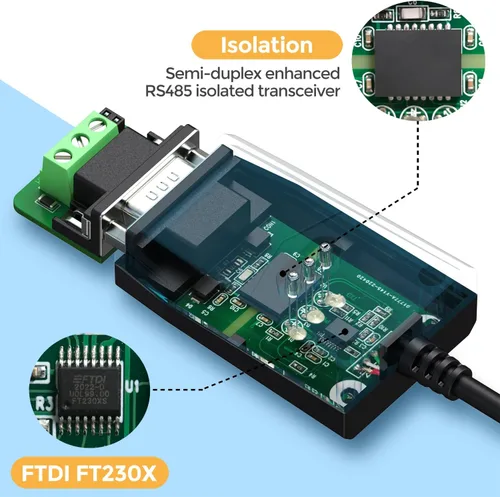 Vista 2 de Adaptador de convertidor USB 2.0 a RS485 de grado industrial, basado en chipset FTDI, protección ESD, aislamiento de señal y energía, soporte