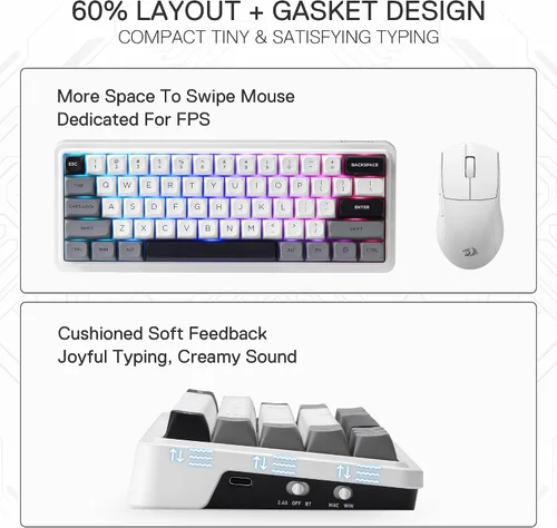 Vista 3 de Redragon K722 PRO Teclado inalámbrico 60% RGB para juegos, teclado mecánico compacto de intercambio en caliente de 61 teclas con enchufe Free-Mod